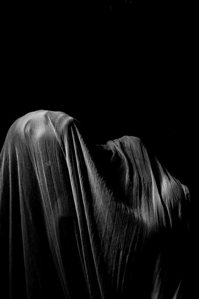 A captivating monochrome image of a draped figure against a dark background.
